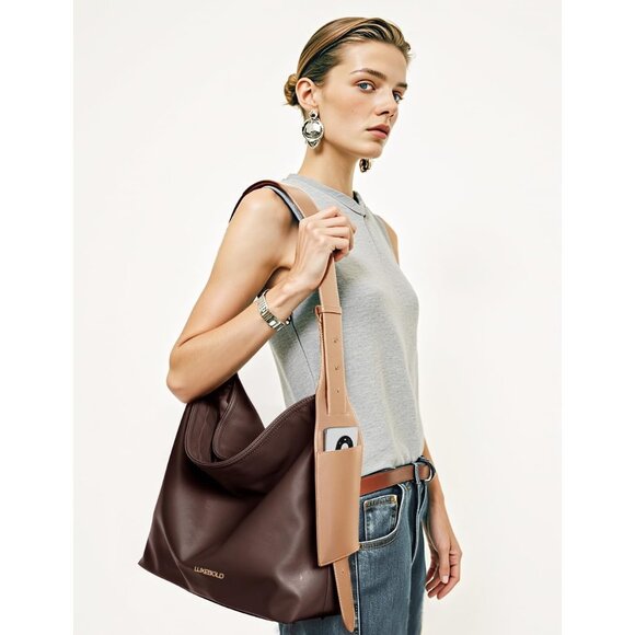 Women's Dark Brown Tote Hobo Vegan Leather Shoulder Strap Zippered Pocket bag - Picture 3 of 5